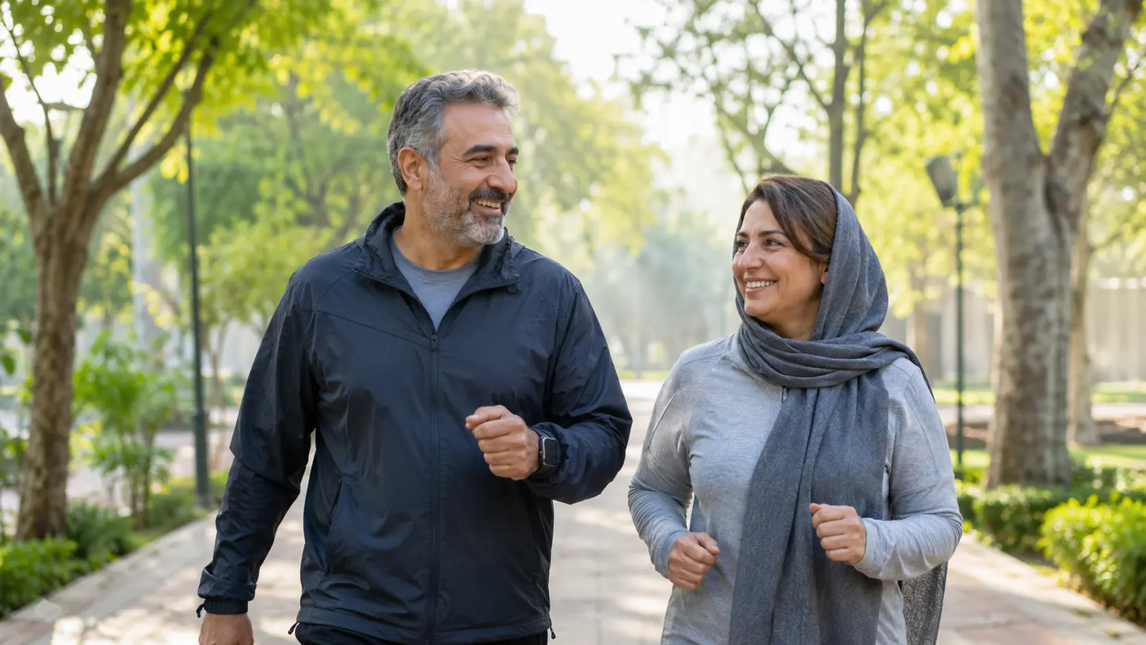 زوج میانسال در حال پیاده‌روی تند در پارک؛ نمادی از ورزش منظم و طول عمر سالم