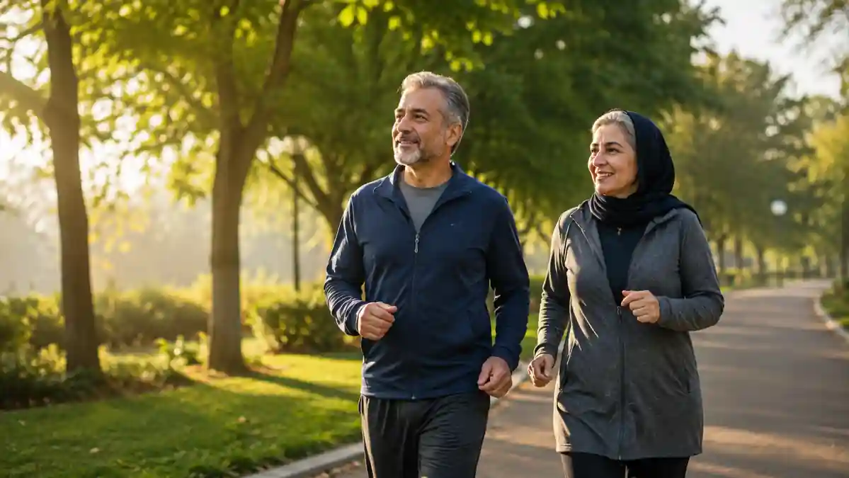 زوج میانسال در حال پیاده‌روی تند در پارک؛ نمادی از ورزش منظم و طول عمر سالم